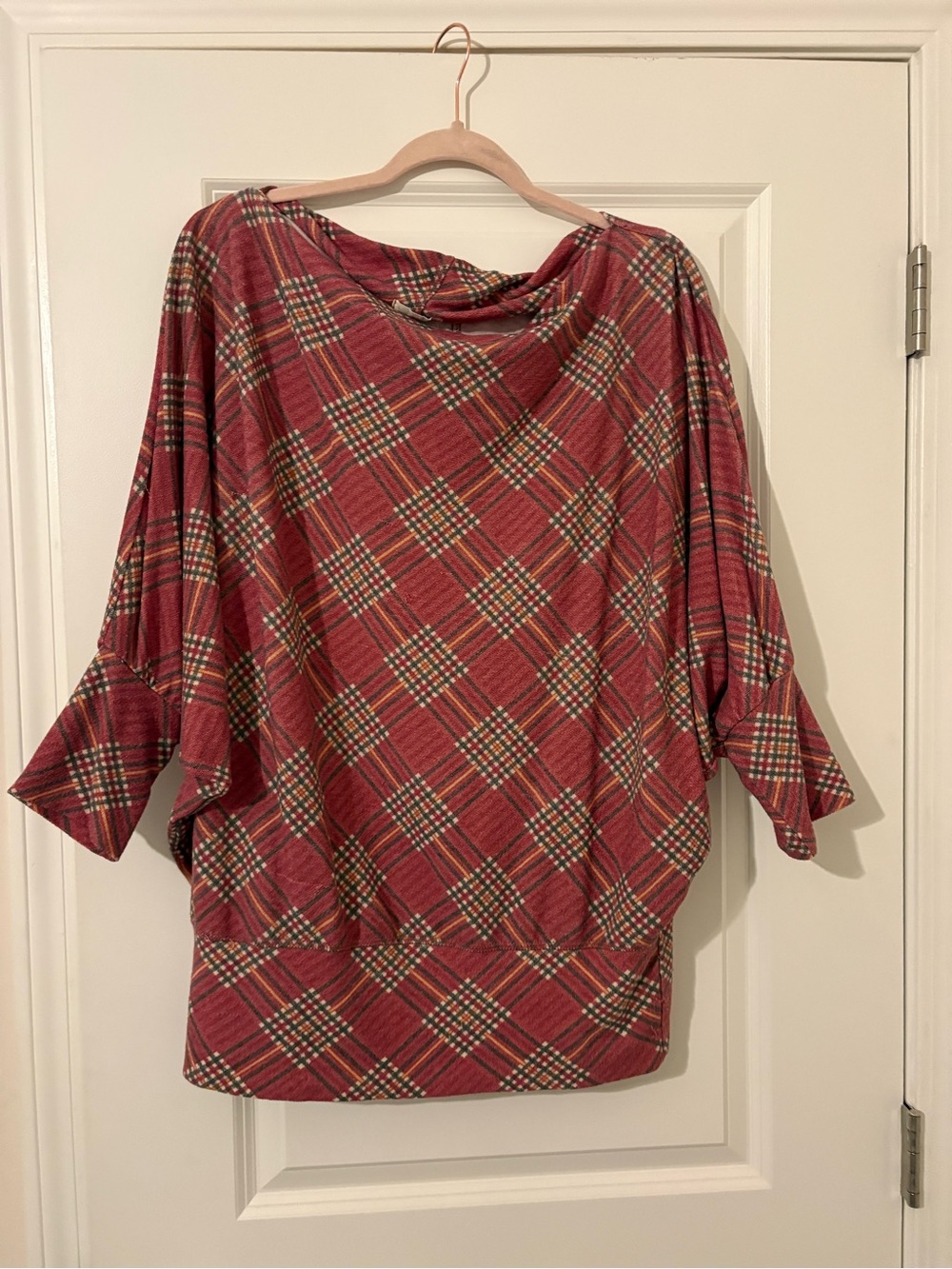 easel Red Plaid Cowl-Neck Dolman Tunic